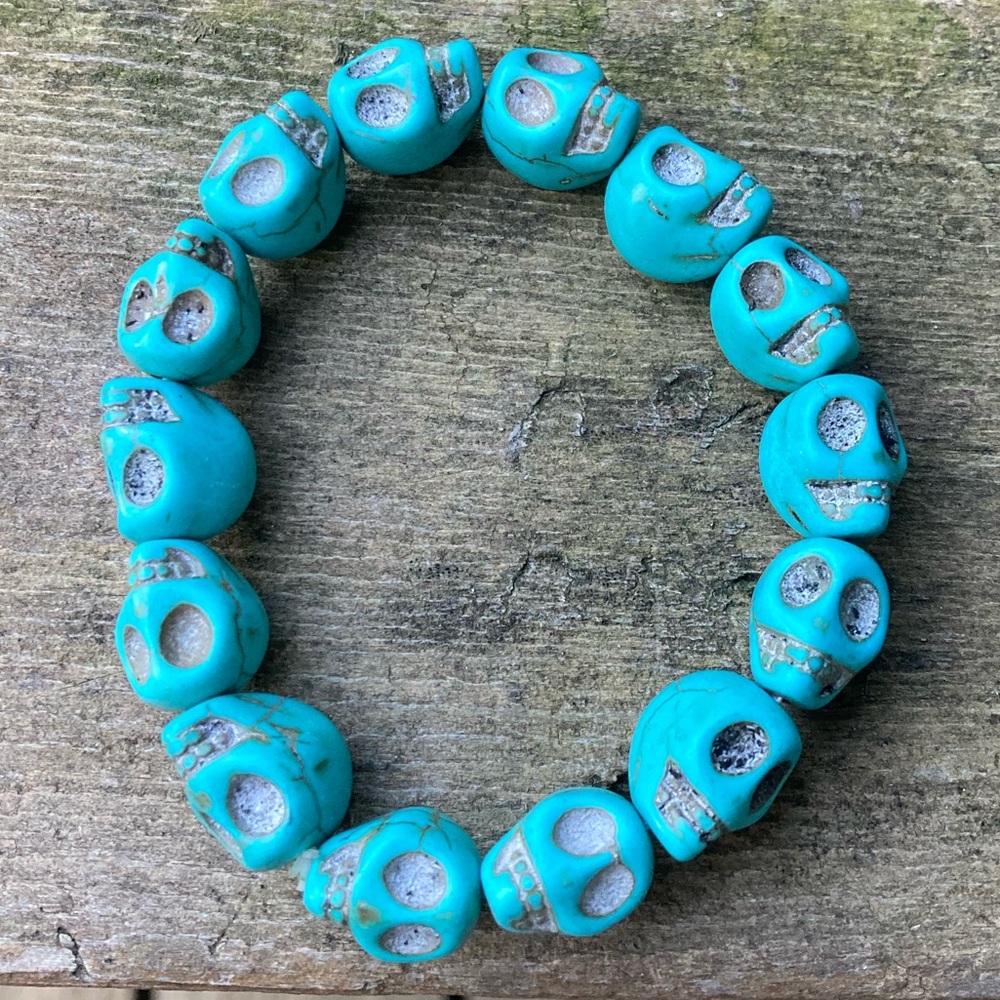TURQUOISE Skull Bracelet Bangle Day of the Dead Elastic Stretch